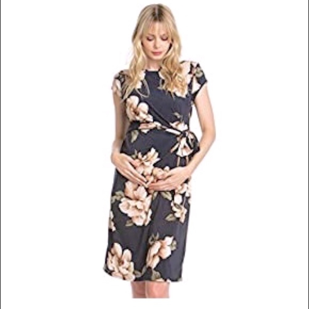 Navy Floral Side Bow Tie Maternity Dress